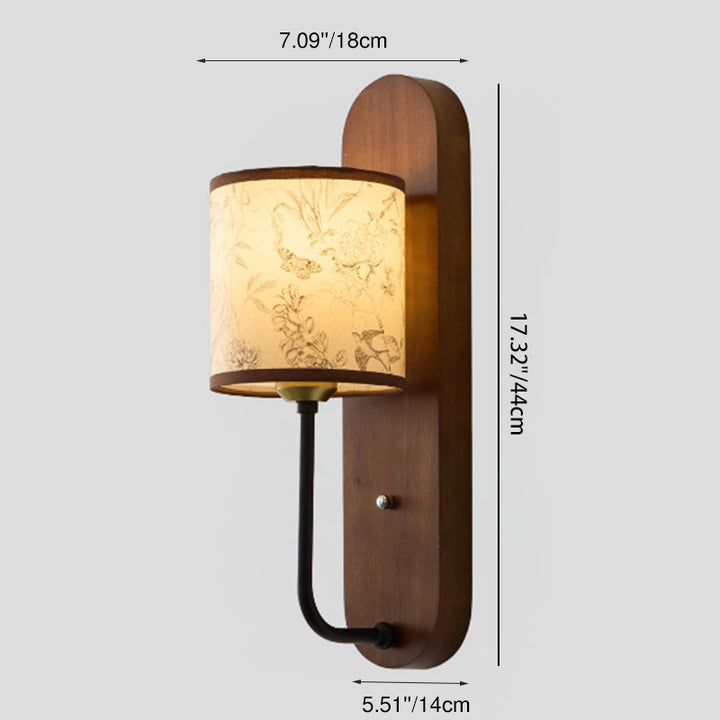Lámpara de pared tipo aplique de 1 luz con pantalla cilíndrica de tela, metal y caucho de madera, estilo retro contemporáneo, para dormitorio 