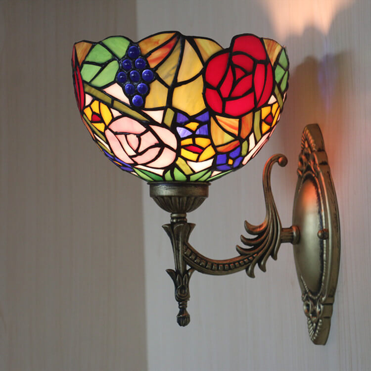 Vintage Tiffany Grape Flower Bowl Stained Glass 1-Light Wall Sconce Lamp