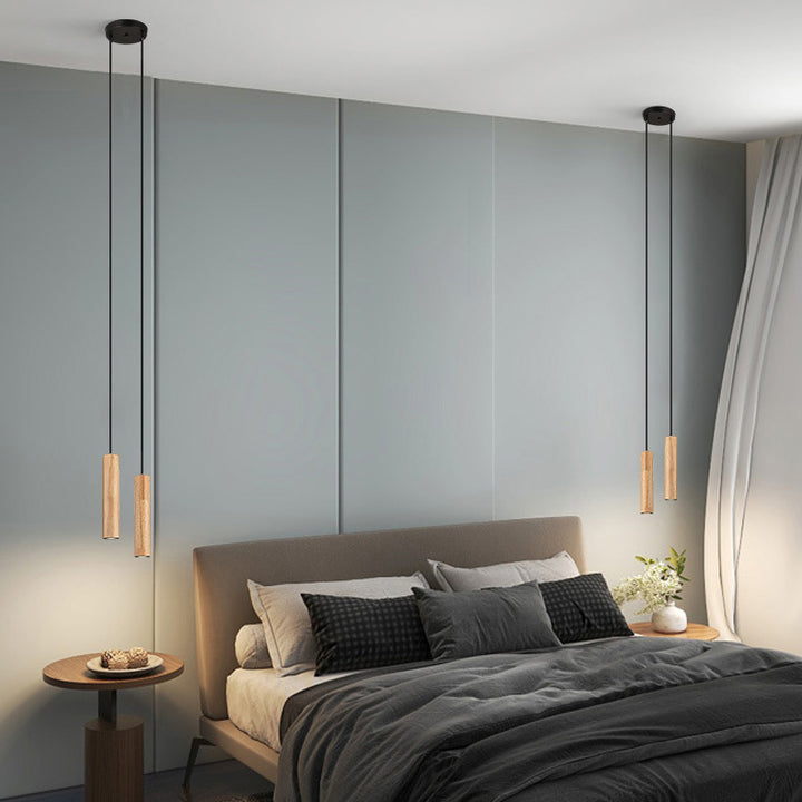 Moderne minimalistische LED-Pendelleuchte aus Eichenholz in Zylinderform für Wohnzimmer &amp; Schlafzimmer 