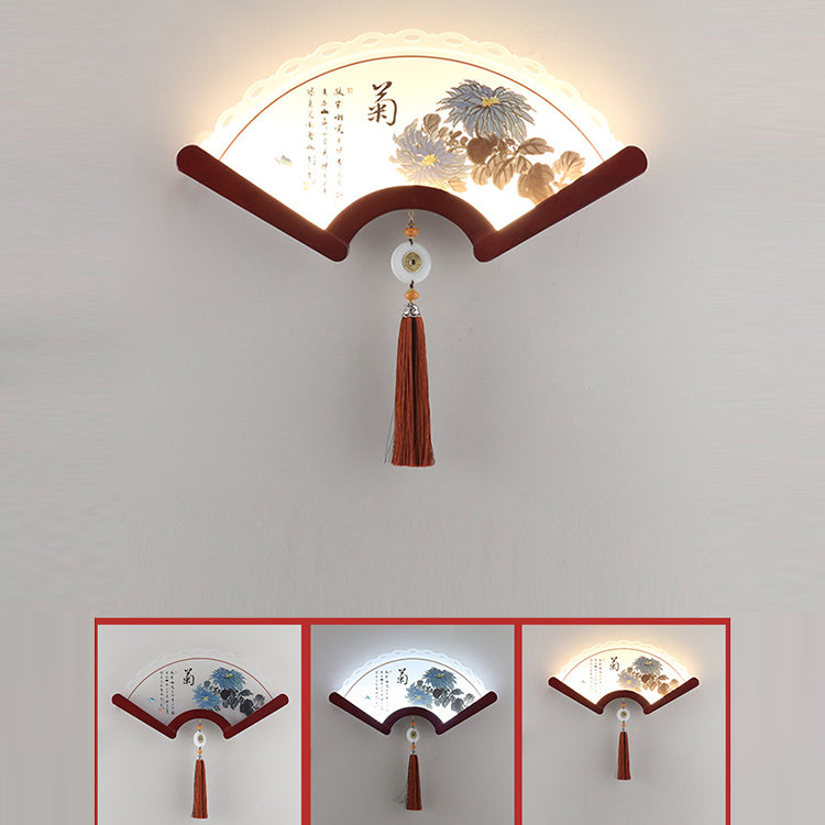 Applique murale LED avec abat-jour en acrylique festonné traditionnel chinois, éléments de plante, bord en bois pour salon 
