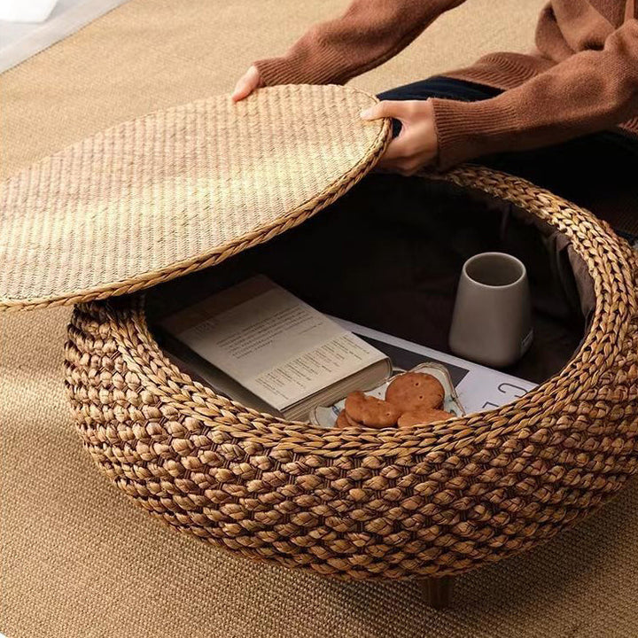 Traditional Japanese Oval Narcissus Rattan Poplar Wood Coffee Table Storage For Living Room