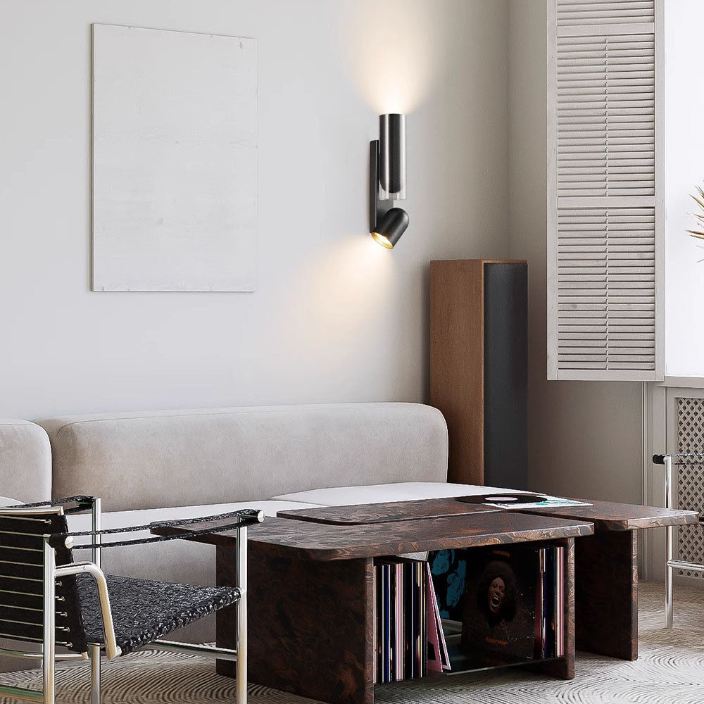 Lampe murale à deux lumières en verre et métal cylindrique rotatif moderne minimaliste pour chambre 