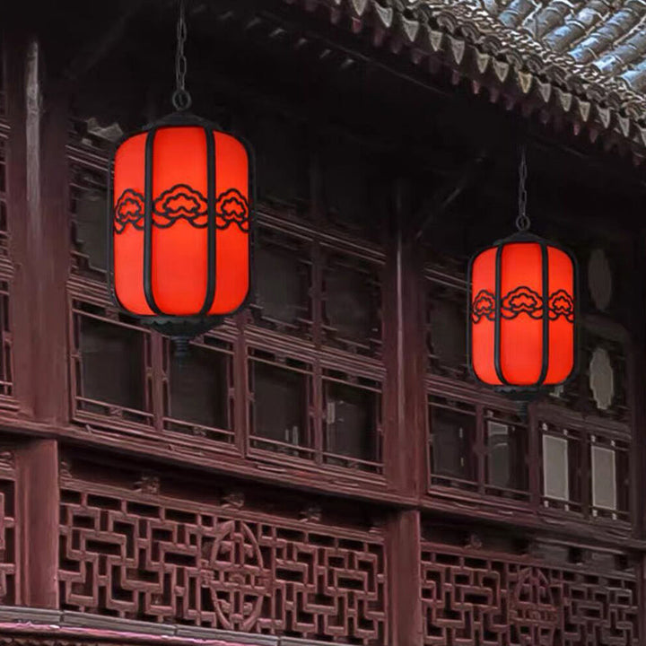Pantalla de Linterna de Mármol de Imitación Chino Tradicional de Aluminio 1-Luz Impermeable Lámpara Colgante para Patio Exterior 