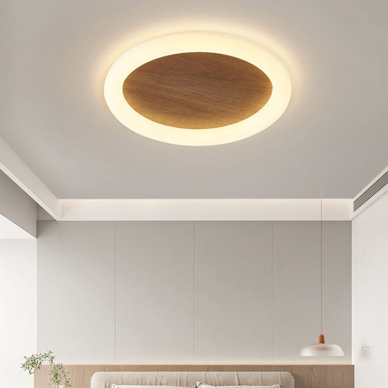 Japanese Minimalist Wood Grain Round Iron LED Flush Mount Ceiling Light