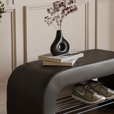 Banc de rangement moderne minimaliste en agneau rectangulaire long en cuir PU avec fer, 1 étagère pour les entrées 