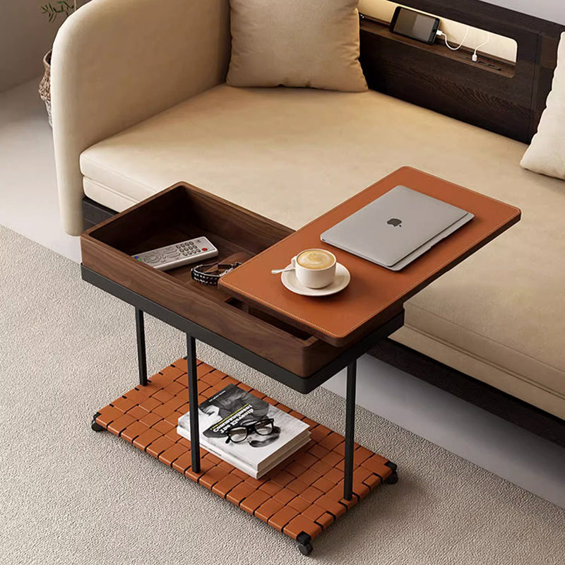 Moderner minimalistischer abnehmbarer rechteckiger Eisensattel Leder Massivholz Beistelltisch mit 1 Ablage für das Wohnzimmer 