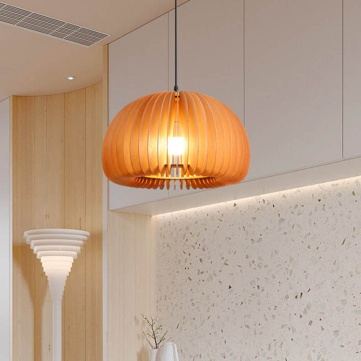 Traditional Japanese Iron Wooden Pumpkin Shape 1-Light Pendant Light For Living Room
