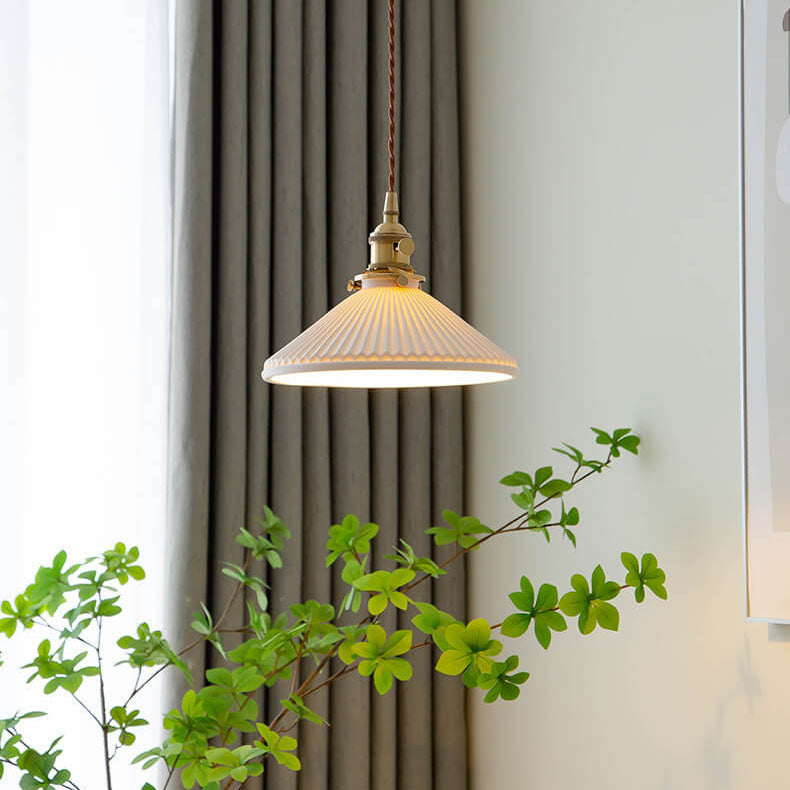 Traditional Japanese Pleated Ceramic Cone Shade Brass 1-Light Pendant Light For Living Room
