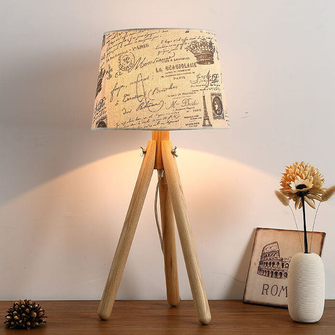 Japanese Simple Round Fabric Three-Legged Wooden Base 1-Light Table Lamp