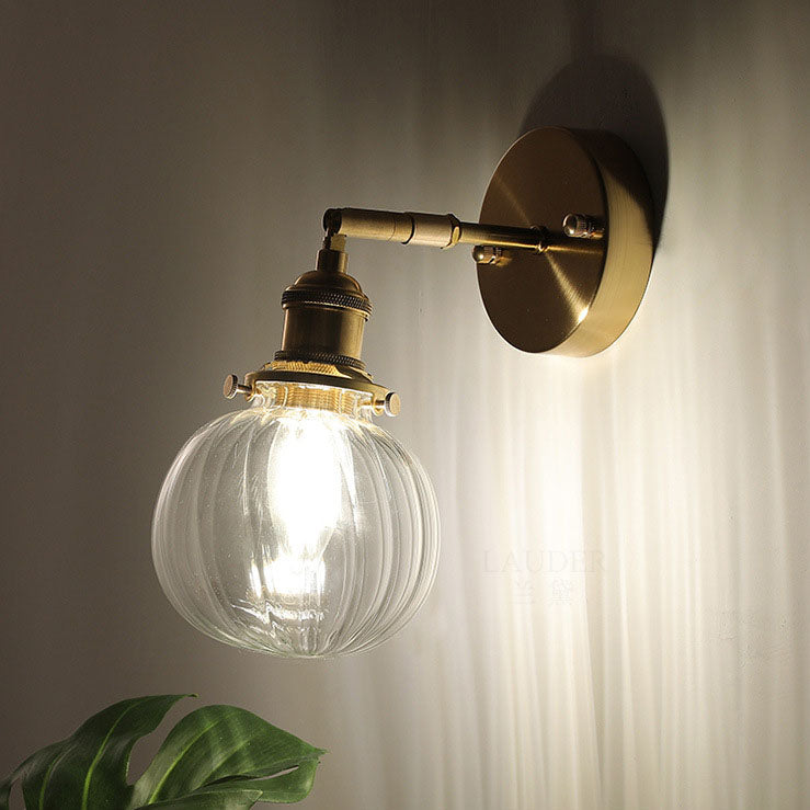 Contemporary Retro Brass Finish Frame Glass Ball 1-Light Wall Sconce Lamp For Bedroom