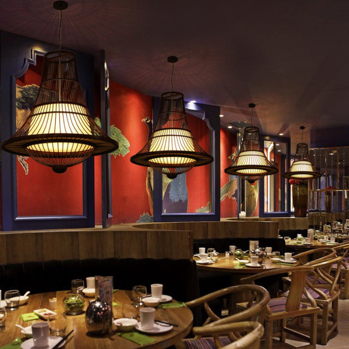 Suspension Luminaire en Bambou Tressé Japonais Traditionnel à 1 Lumière pour Salon 