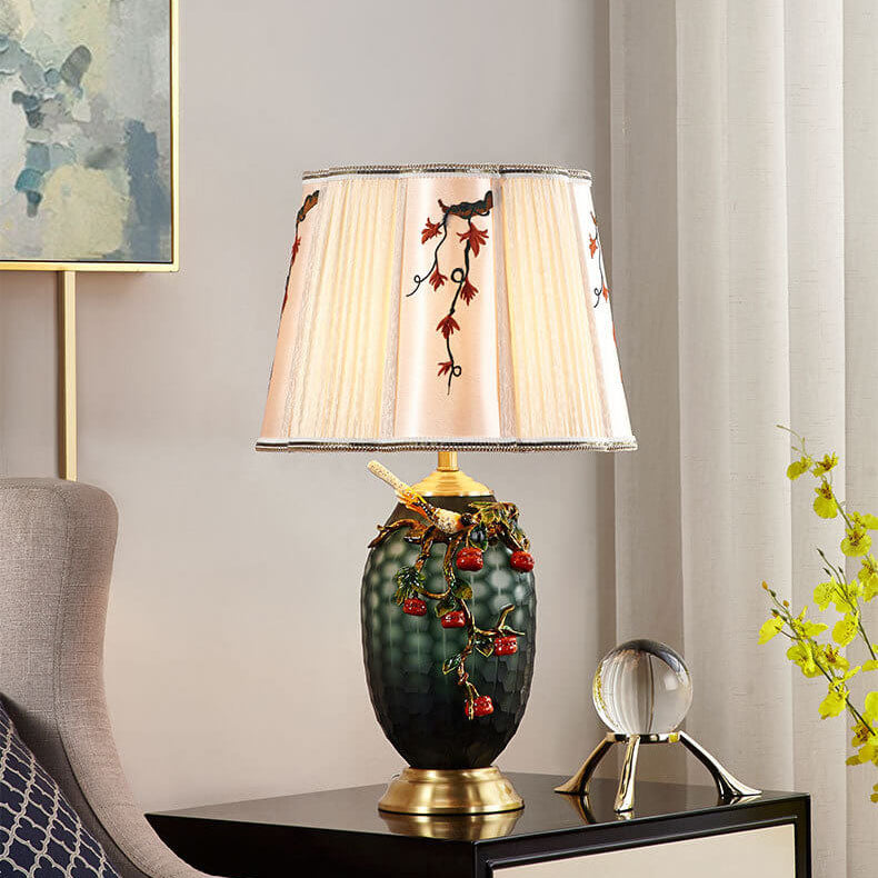 Retro Chinese Copper Enamel Color Fabric Shade 1-Light Table Lamp