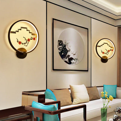 Traditionelle chinesische runde Pflaumenblüte Lotusblatt Aluminium Acryl LED Wandleuchte Lampe für Wohnzimmer 