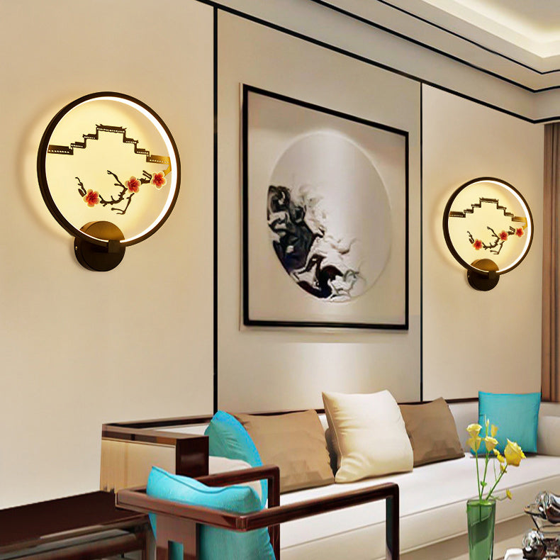 Traditionelle chinesische runde Pflaumenblüte Lotusblatt Aluminium Acryl LED Wandleuchte Lampe für Wohnzimmer 
