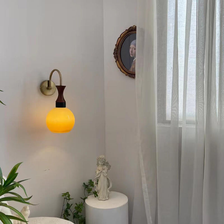 Applique Murale Rétro en Bois et Fer avec Bras et Boule en Verre 1 Lumière 
