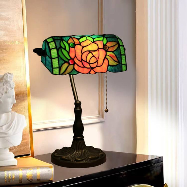 Traditional Tiffany Blooming Flowers Stained Glass 1-Light Bank Table Lamp for Living Room