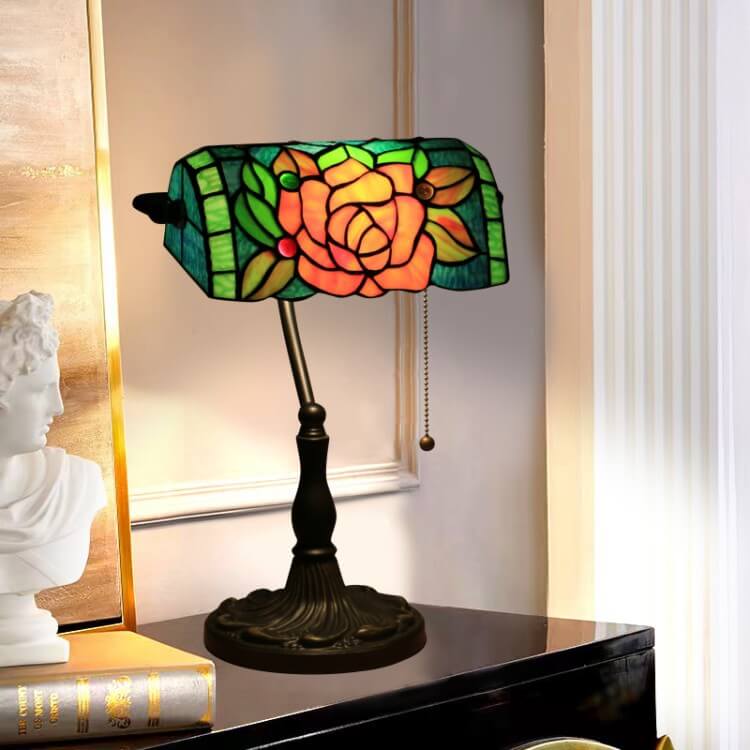 Tiffany Vintage Blooming Flowers Stained Glass 1-Light Bank Table Lamp