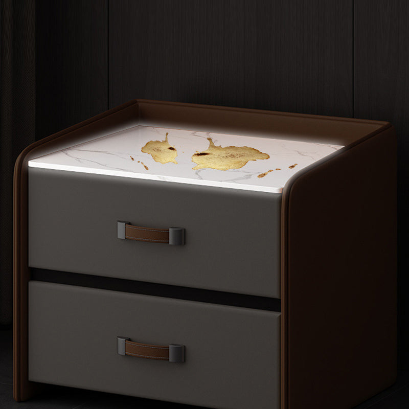 Modern Simplicity Rectangular Slab Saddle-Style Faux Leather Wood Nightstand 2-Drawer For Bedside