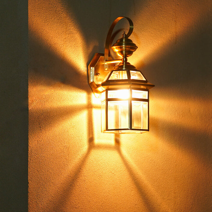 Traditional European Outdoor Hexagonal Cage Glass Copper 1-Light Waterproof Wall Sconce Lamp For Outdoor