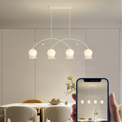 Simplicité Contemporaine Abat-jour en Verre à Fleurs Arc Bande de Fer Lustre Îlot à 3/4 Lumières pour Chambre 