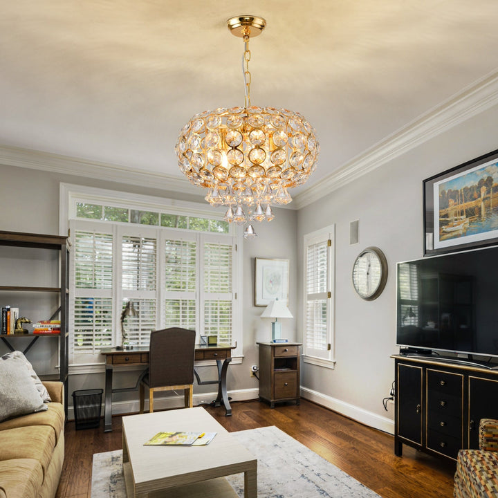 Lustre traditionnel de luxe rond en fer avec cristaux à 4 lumières pour salon 