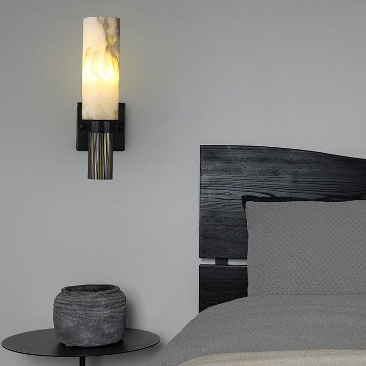 Traditional Chinese Cylinder Marble Copper Iron 1-Light Wall Sconce Lamp For Bedroom