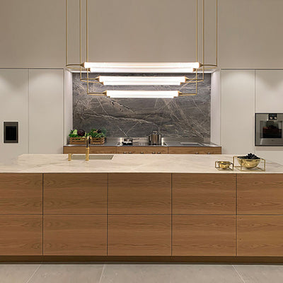 Zeitgenössische industrielle Streifen elliptische Eisen Glas LED Pendelleuchte für Esszimmer 