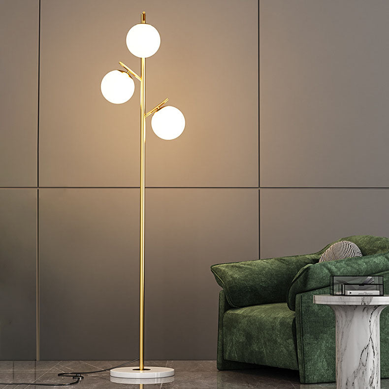 Contemporary Scandinavian Orb Pillar Metal Marble Glass 3-Light Standing Floor Lamp For Living Room