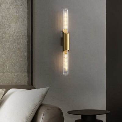 Zeitgenössische nordische Messingglasstreifen-Wandleuchte mit 2 Lichtern für Wohnzimmer 
