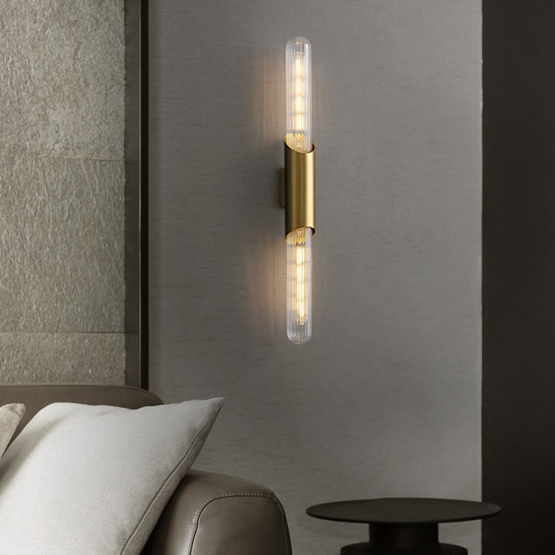 Zeitgenössische nordische Messingglasstreifen-Wandleuchte mit 2 Lichtern für Wohnzimmer 