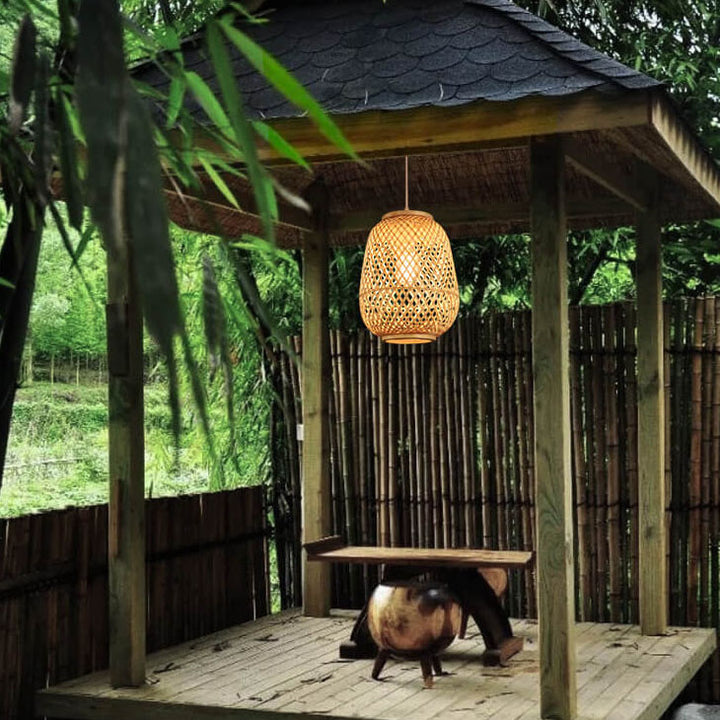 Suspension Luminaire 1 Lumière en Forme de Cage Ovale en Bambou Contemporain pour Salle à Manger 