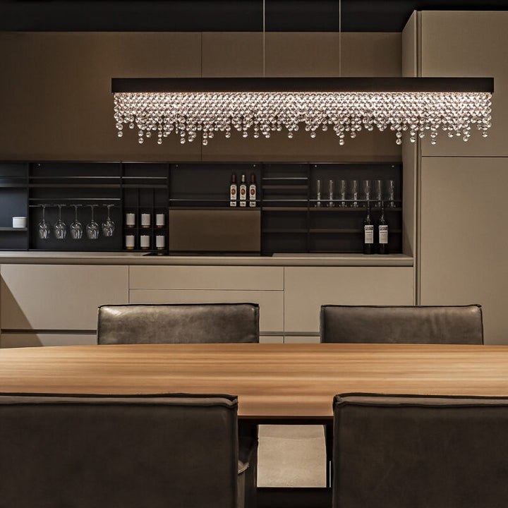 Lustre LED rectangulaire en acier inoxydable avec cristaux de luxe contemporain pour salle à manger 