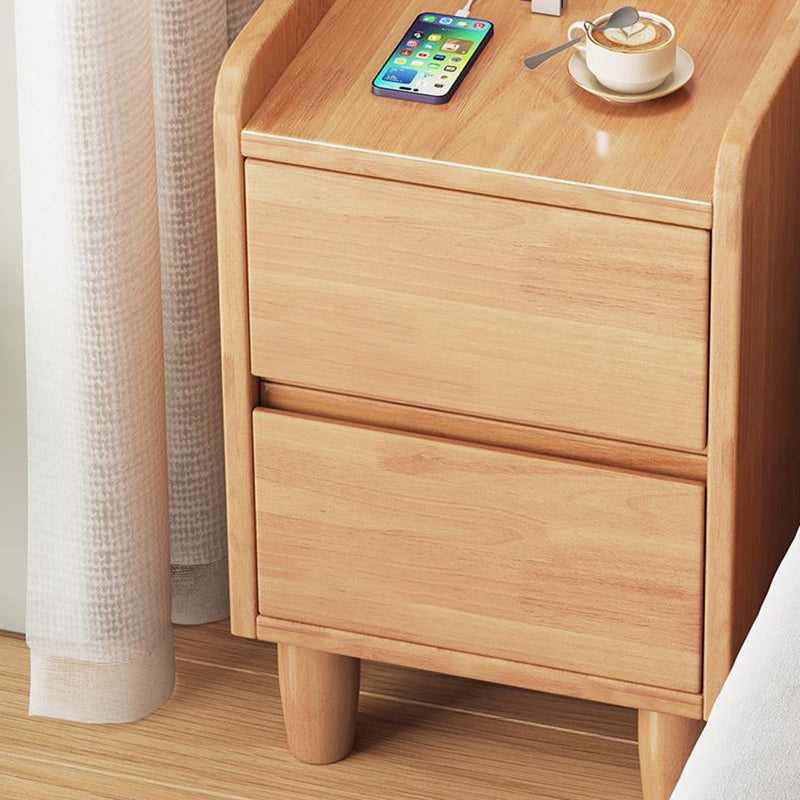 Table de chevet rectangulaire minimaliste moderne en bois de caoutchouc avec 2 tiroirs, lumière de capteur et chargement USB pour chambre 