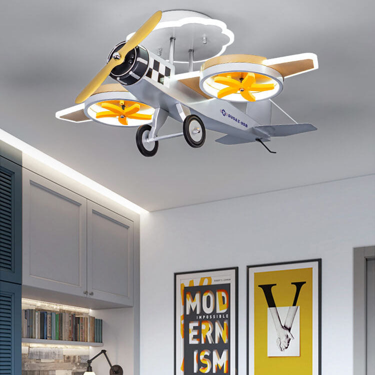 Creative Cartoon Airplane Iron Acrylic LED Kids Semi-Flush Mount Ceiling Light