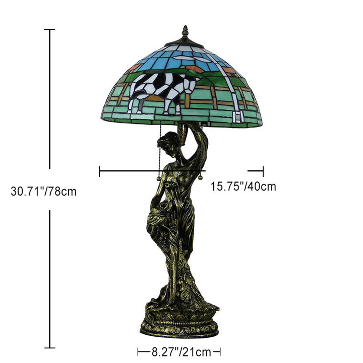 Lampe de table à 2 lumières avec base de femme jolie en forme de vache en diamant de raisin en dôme de verre en résine Tiffany traditionnel pour chevet 