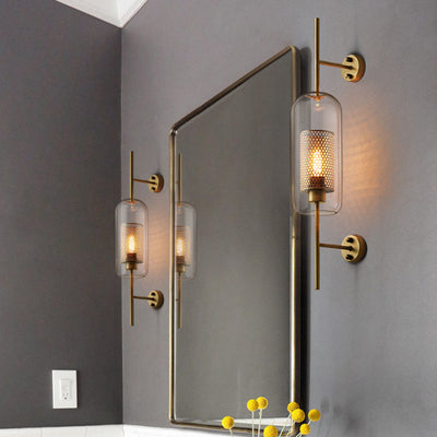 Contemporary Industrial Cylinder Glass Shade Iron Finish Frame 1-Light Wall Sconce Lamp For Bedroom