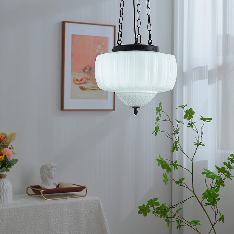 Moderna Minimalista Crema Linterna Hierro Vidrio Lámpara Colgante de 3 Luces para Sala de Estar 