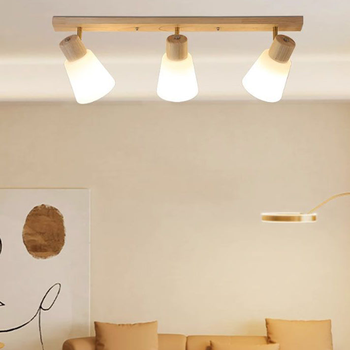Traditional Vintage Rubberwood Glass Trumpet Shade 1/2/3/4-Light Semi-Flush Mount Ceiling Light For Living Room