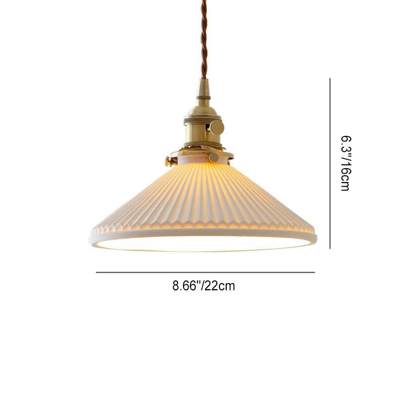 Traditional Japanese Pleated Ceramic Cone Shade Brass 1-Light Pendant Light For Living Room