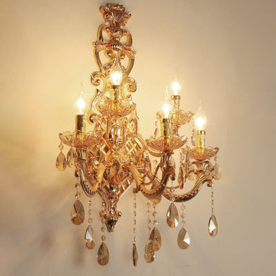 Traditional European Gold Candelabra Glass Crystal Hardware 5-Light Wall Sconce Lamp For Living Room