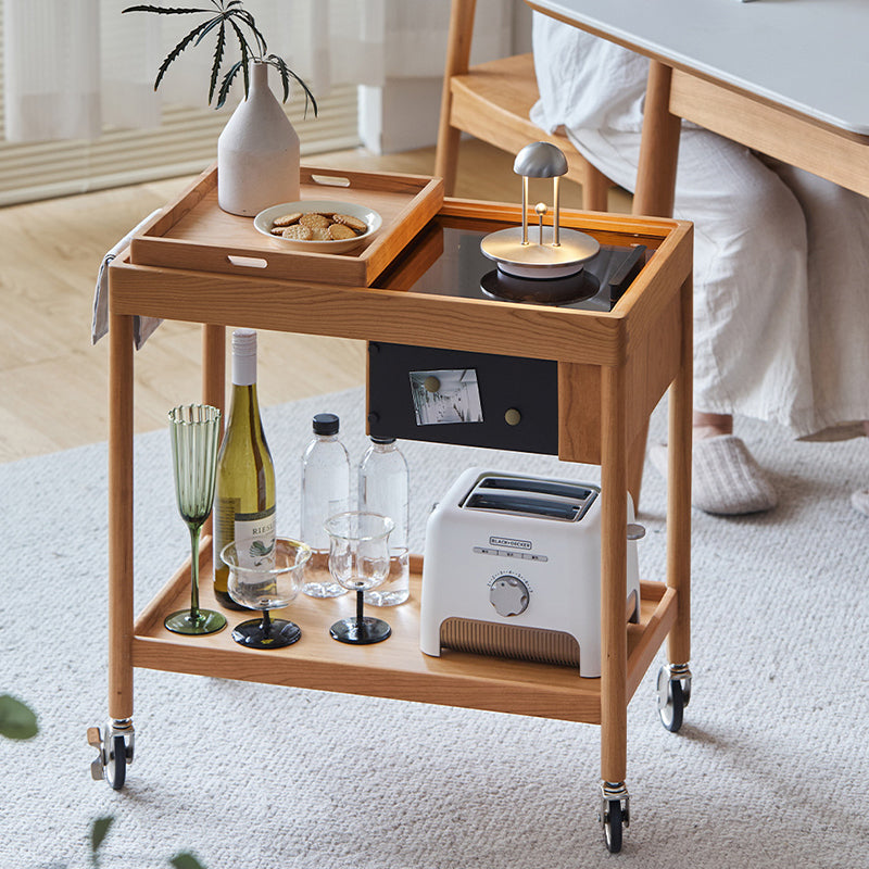 Mesa de café rectangular de vidrio y madera escandinava contemporánea de 2 niveles para sala de estar 