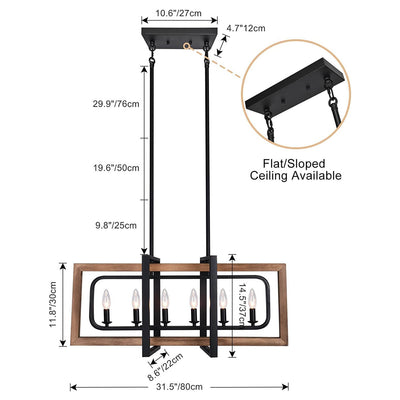 Contemporary Vintage Rectangular Wood Iron 4/6 Light Island Light Chandelier For Dining Room