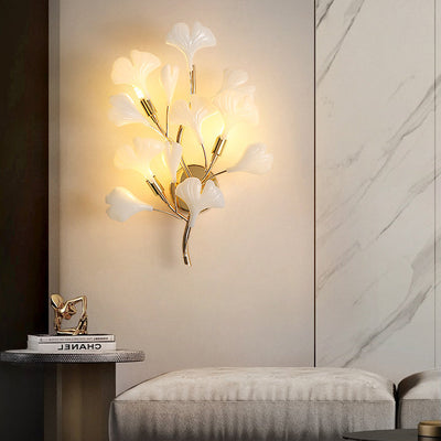 Applique murale contemporaine créative en feuille de ginkgo en fer plastique porcelaine 2/3 lumières pour salon 