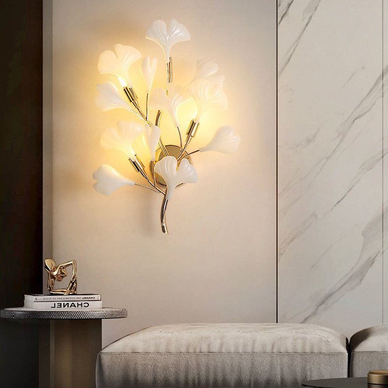 Applique murale contemporaine créative en feuille de ginkgo en fer plastique porcelaine 2/3 lumières pour salon 
