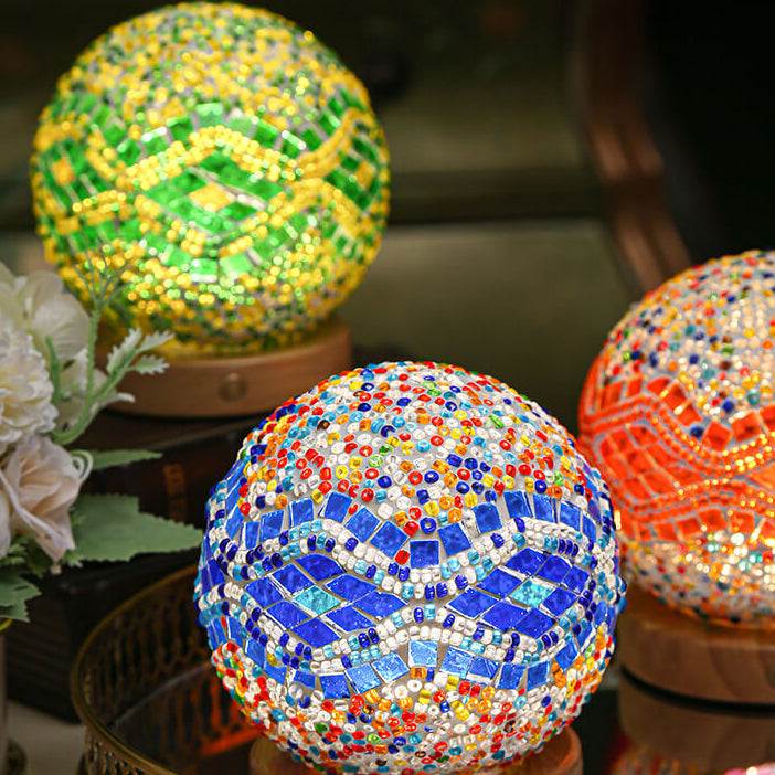 Zeitgenössische Boho Orb Holz Glas USB LED Tischlampe für Schlafzimmer 
