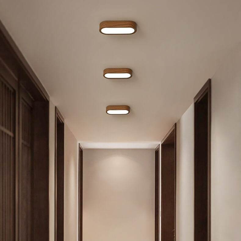 Modern Minimalist Oval Strip Wood Grain Hardware LED Flush Mount Ceiling Light For Hallway