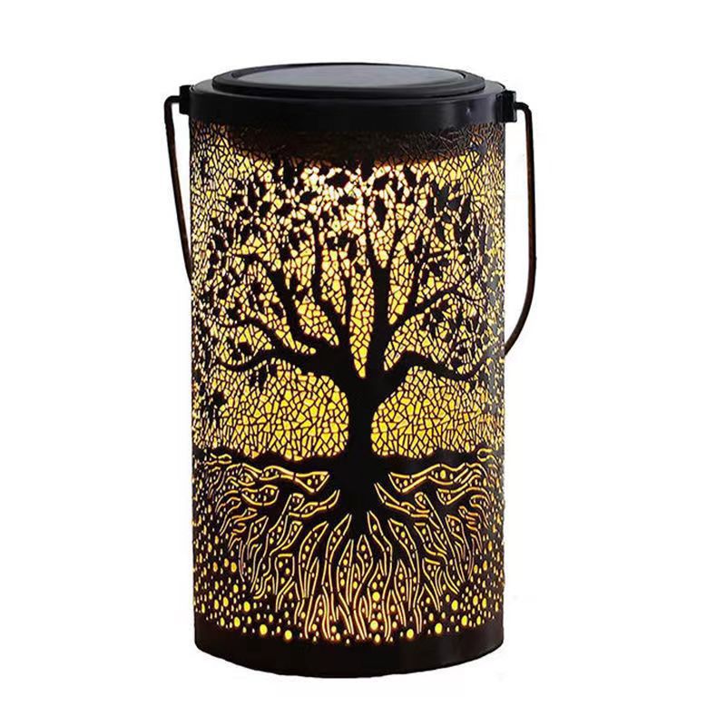 Traditional Farmhouse Solar Waterproof Iron Cylinder Tree Hollowed LED Hanging Landscape Lighting Outdoor Light For Garden