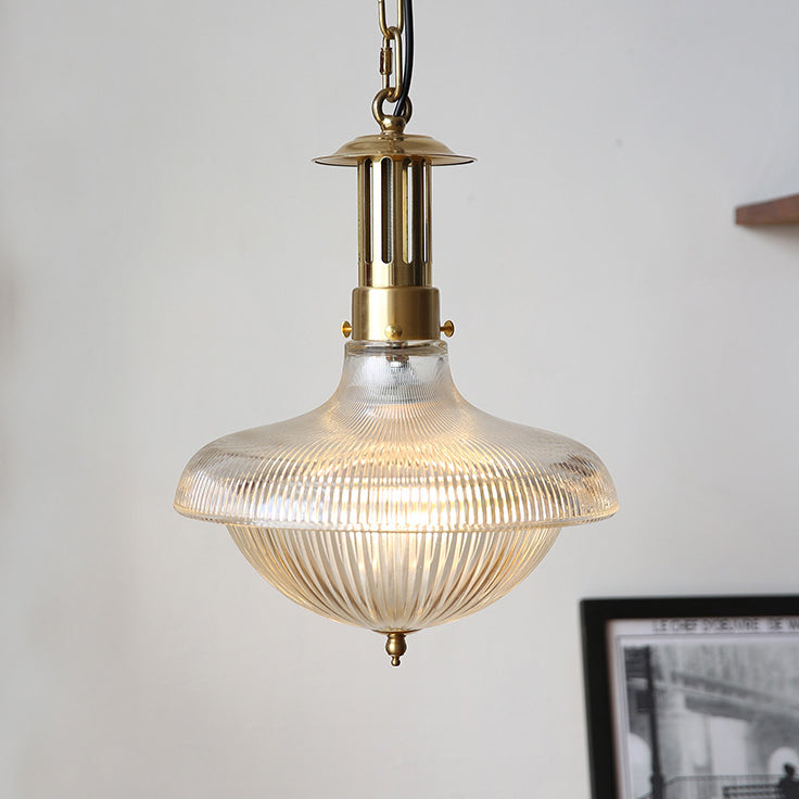 Zeitgenössische Retro gerippte Eisenglas 1-Licht Pendelleuchte für Wohnzimmer 