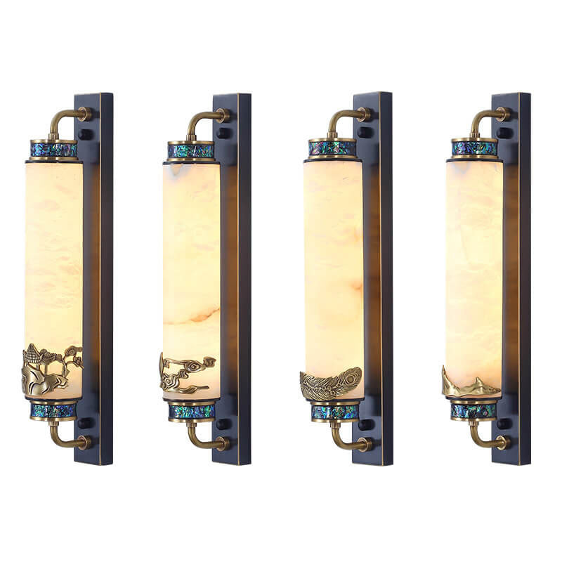 Traditional Chinese Marble Copper Column Brass LED Wall Sconce Lamp for Living Room