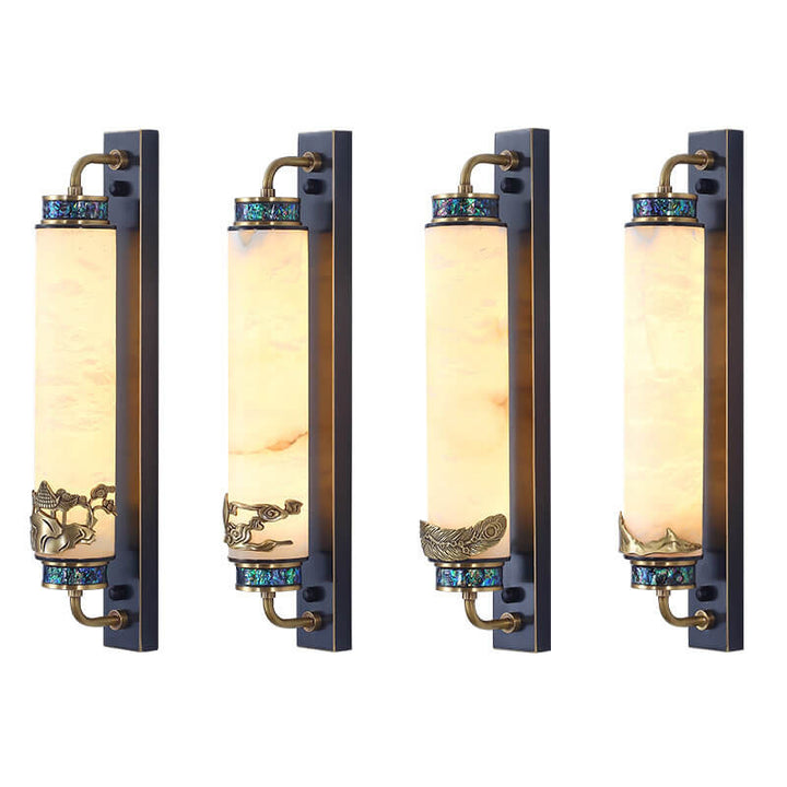 Traditional Chinese Marble Copper Column Brass LED Wall Sconce Lamp for Living Room